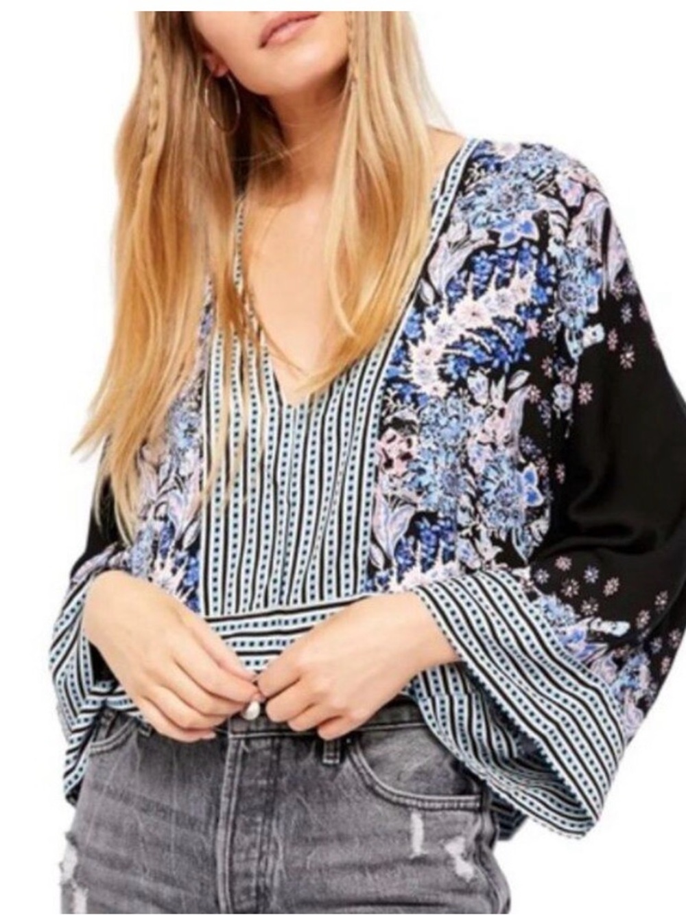 Free People Mix n Match V-Neck Floral Kimono Sleeve Blouse - Blue & Black